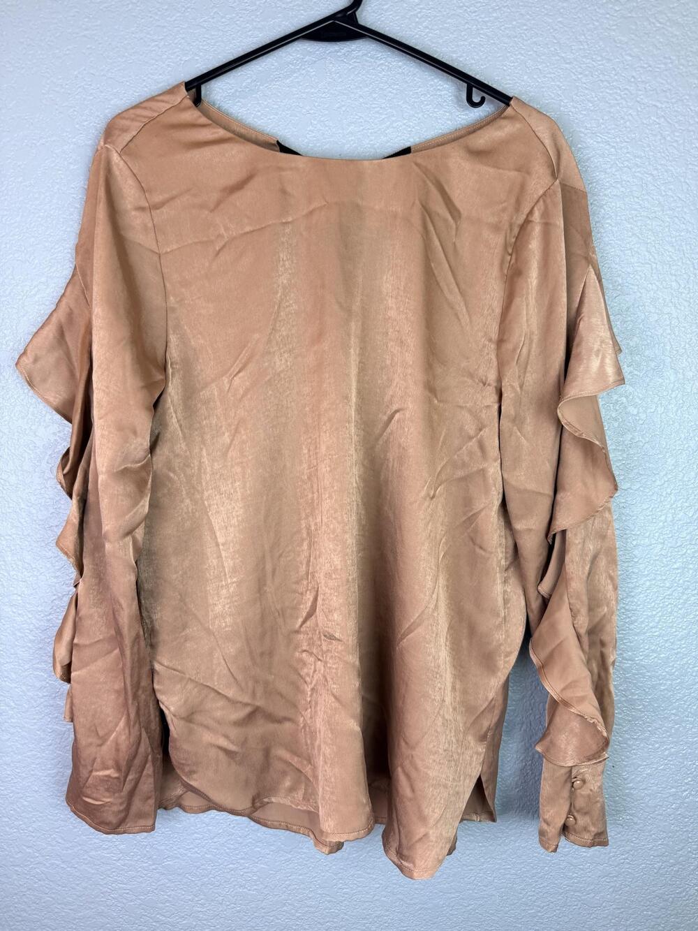 Pleione Blouse Womens Medium Beige Ruffle Sleeve Bow Back Satin Dressy Top